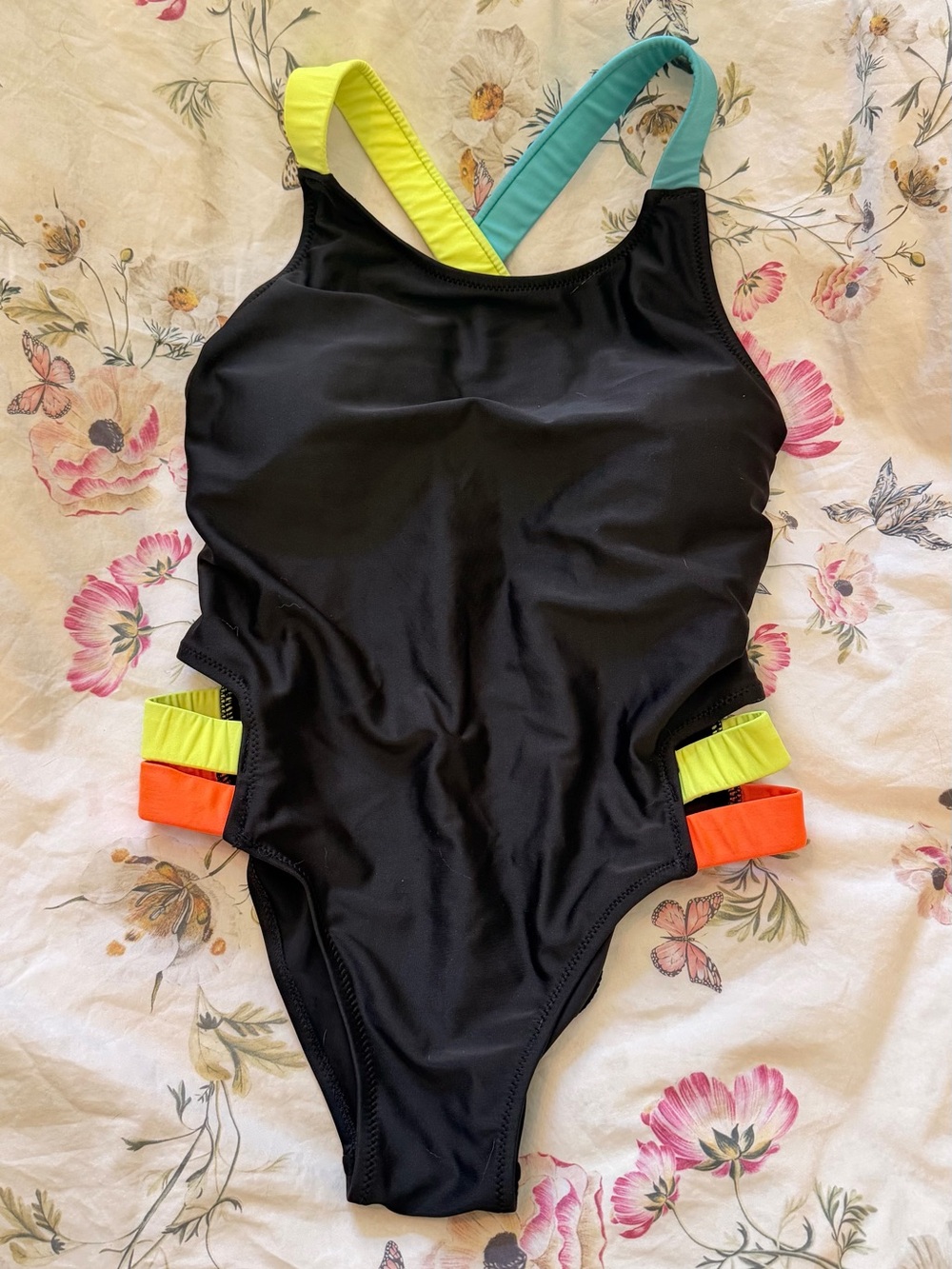 Black One-Piece Swimsuit with Neon Accent Straps